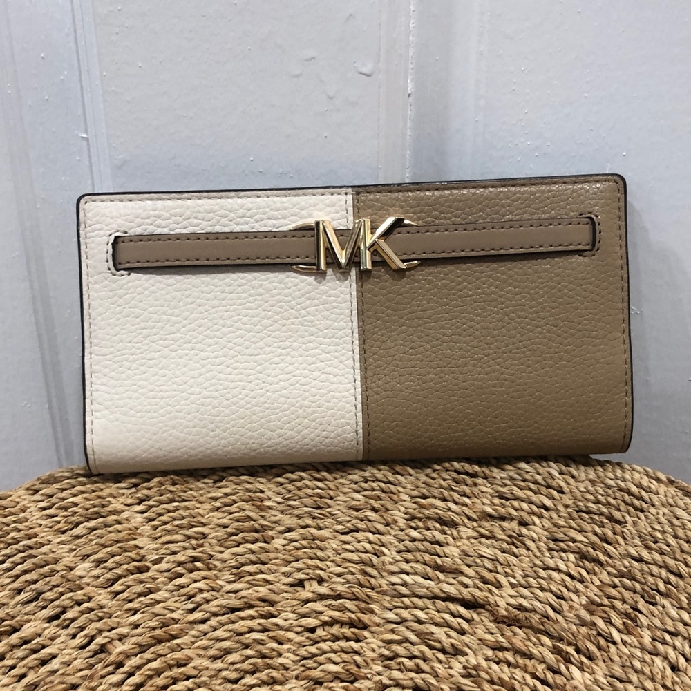 Michael Kors Two-Tone Cream and Taupe Continental Wallet with Gold MK Logo